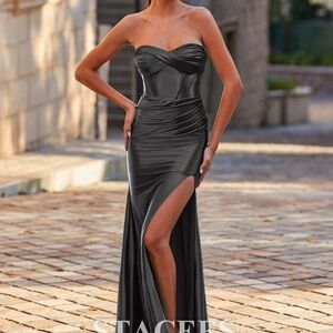 Stacees- Elegant Black Strapless Evening Dress